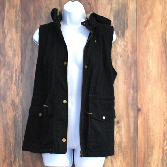 Love Tree Black Full Zip/Snap Hooded Utility Vest M - Picture 1 of 7